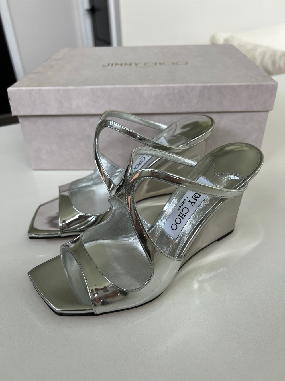 Jimmy Choo anise wedge 85 open toe heels silver liquid metal leather sandals 35